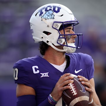 Sep 7, 2024; Fort Worth, Texas, USA; TCU Horned Frogs quarterback Josh Hoover (10) throws a pass during warmups before the game against the Long Island Sharks at Amon G. Carter Stadium. Mandatory Credit: Tim Heitman-Imagn Images