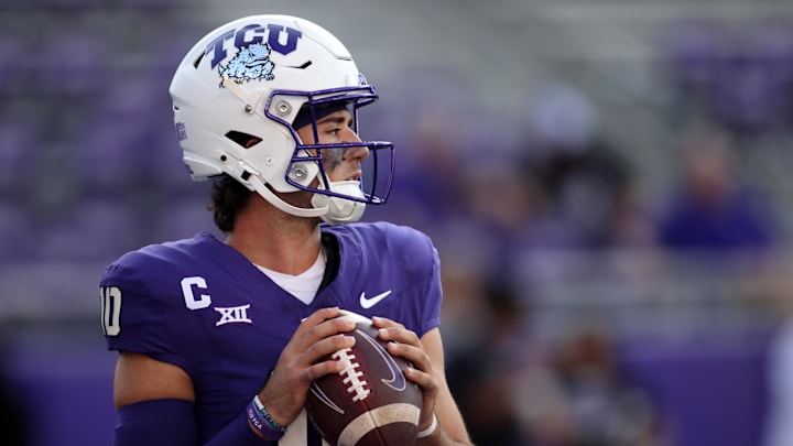 Sep 7, 2024; Fort Worth, Texas, USA; TCU Horned Frogs quarterback Josh Hoover (10) throws a pass during warmups before the game against the Long Island Sharks at Amon G. Carter Stadium. Mandatory Credit: Tim Heitman-Imagn Images