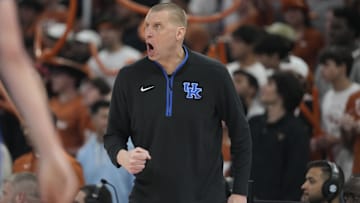 Feb 15, 2025; Austin, Texas, USA; Kentucky Wildcats head coach Mark Pope reacts during the first half against the Texas Longhorns at Moody Center. Mandatory Credit: Scott Wachter-Imagn Images