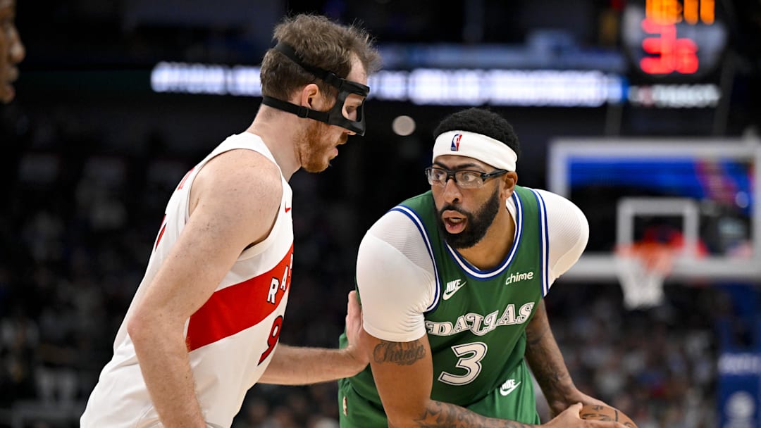 Oct 26, 2025; Dallas, Texas, USA; Dallas Mavericks forward Anthony Davis (3) looks to move the ball past Toronto Raptors center Jakob Poeltl (19) during the game between the Mavericks and the Raptors at the American Airlines Center. Mandatory Credit: Jerome Miron-Imagn Images Oct 26, 2025; Dallas, Texas, USA; Dallas Mavericks forward Anthony Davis (3) looks to move the ball past Toronto Raptors center Jakob Poeltl (19) during the game between the Mavericks and the Raptors at the American Airlines Center. Mandatory Credit: Jerome Miron-Imagn Images