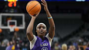 Mar 30, 2023; Dallas, TX, USA;  LSU Lady Tigers forward Amani Bartlett (23) shoots during team practice at American Airlines Center. Mandatory Credit: Kirby Lee-Imagn Images
