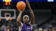 Mar 30, 2023; Dallas, TX, USA;  LSU Lady Tigers forward Amani Bartlett (23) shoots during team practice at American Airlines Center. Mandatory Credit: Kirby Lee-Imagn Images