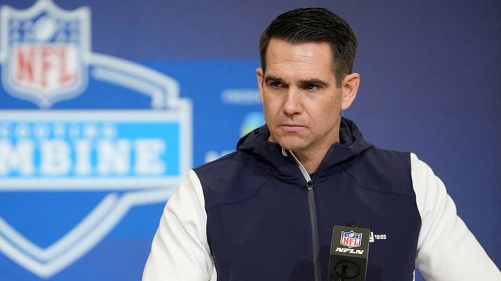 Feb 24, 2026; Indianapolis, IN, USA; New York Giants general manager Joe Schoen speaks at the NFL Scouting Combine at the Indiana Convention Center. Mandatory Credit: Kirby Lee-Imagn Images