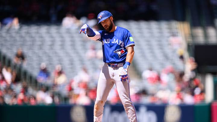 Apr 22, 2026; Anaheim, California, USA; Toronto Blue Jays left fielder Nathan Lukes (38) gestures after hitting an RBI double during the seventh inning against the Los Angeles Angels at Angel Stadium. Mandatory Credit: William Liang-Imagn Images