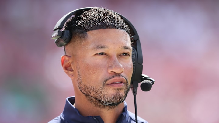 Sep 27, 2025; Fayetteville, Arkansas, USA; Notre Dame Fighting Irish head coach Marcus Freeman during the fourth quarter against the Arkansas Razorbacks at Donald W. Reynolds Razorback Stadium. Notre Dame won 56-13. 