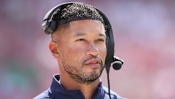 Notre Dame Fighting Irish head coach Marcus Freeman against the Arkansas Razorbacks at Donald W. Reynolds Razorback Stadium. 