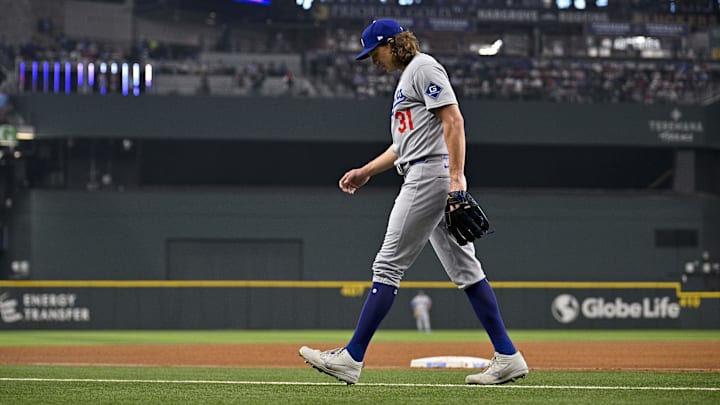 Apr 20, 2025; Arlington, Texas, USA; Los Angeles Dodgers starting pitcher Tyler Glasnow (31) comes off the field during the game between the Texas Rangers and the Los Angeles Dodgers at Globe Life Field. Mandatory Credit: Jerome Miron-Imagn Images