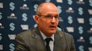 Seattle Kraken head coach Dan Bylsma speaks with the media after the game against the Columbus Blue Jackets.