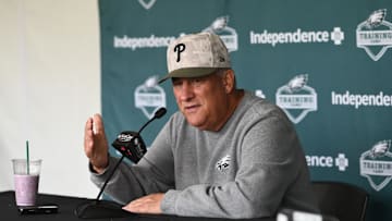 Jul 24, 2025; Philadelphia, PA, USA; Philadelphia Eagles defensive coordinator Vic Fangio addresses media during training camp at NovaCare Complex. Mandatory Credit: Kyle Ross-Imagn Images