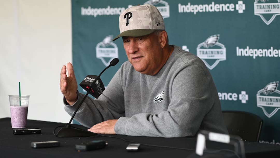 Jul 24, 2025; Philadelphia, PA, USA; Philadelphia Eagles defensive coordinator Vic Fangio addresses media during training camp at NovaCare Complex. Mandatory Credit: Kyle Ross-Imagn Images