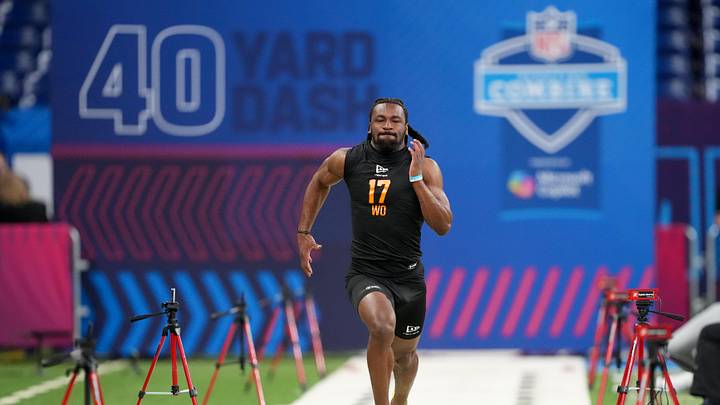 Feb 28, 2026; Indianapolis, IN, USA; Indiana wideout Omar Cooper Jr. (WO17) during the NFL Scouting Combine at Lucas Oil Stadium. Mandatory Credit: Kirby Lee-Imagn Images