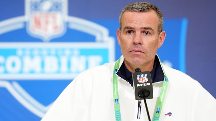 Feb 24, 2026; Indianapolis, IN, USA; Buffalo Bills general manager Brandon Beane speaks at the NFL Scouting Combine at the Indiana Convention Center. Mandatory Credit: Kirby Lee-Imagn Images