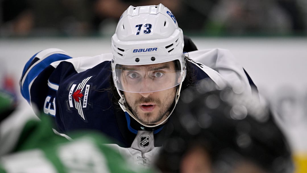 May 11, 2025; Dallas, Texas, USA; Winnipeg Jets left wing Brandon Tanev (73) waits for a faceoff against the Dallas Stars during the third period in game three of the second round of the 2025 Stanley Cup Playoffs at American Airlines Center. Mandatory Credit: Jerome Miron-Imagn Images
