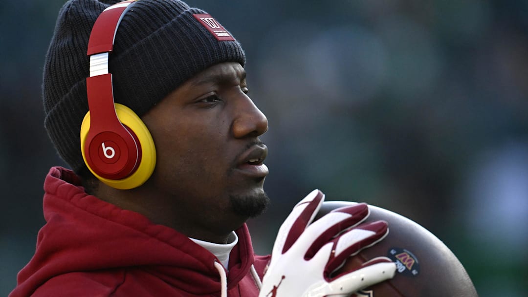 Jan 4, 2026; Philadelphia, Pennsylvania, USA; Washington Commanders wide receiver Deebo Samuel (1) during warmups against the Philadelphia Eagles at Lincoln Financial Field. Mandatory Credit: Eric Hartline-Imagn Images