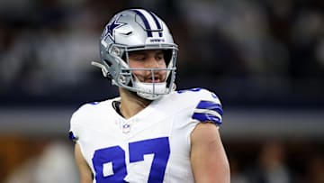 Jan 14, 2024; Arlington, Texas, USA;  Dallas Cowboys tight end Jake Ferguson (87) practices before the 2024 NFC wild card game against the Green Bay Packers at AT&T Stadium. Mandatory Credit: Tim Heitman-Imagn Images