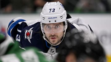 May 11, 2025; Dallas, Texas, USA; Winnipeg Jets left wing Brandon Tanev (73) waits for a faceoff against the Dallas Stars during the third period in game three of the second round of the 2025 Stanley Cup Playoffs at American Airlines Center. Mandatory Credit: Jerome Miron-Imagn Images