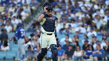Aug 9, 2025; Los Angeles, California, USA; Los Angeles Dodgers catcher Dalton Rushing (68) walks to the dug out during the second inning at Dodger Stadium. Mandatory Credit: Kiyoshi Mio-Imagn Images