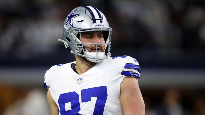 Dallas Cowboys tight end Jake Ferguson (87) practices before the 2024 NFC wild card game against the Green Bay Packers.