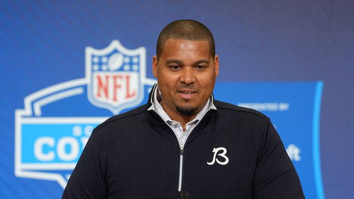 Feb 24, 2026; Indianapolis, IN, USA; Chicago Bears general manager Ryan Poles speaks at the NFL Scouting Combine at the Indiana Convention Center. Mandatory Credit: Kirby Lee-Imagn Images