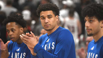 Kansas' guard Kevin McCullar Jr. (15) claps during warmups before the Big 12 basketball game against Texas Tech, Monday, Feb. 12, 2024, at United Supermarkets Arena.