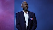 Feb 18, 2022; Cleveland, Ohio, USA; Team Worthy head coach James Worthy is introduced during the 2022 NBA Rising Stars Challenge at Rocket Mortgage Fieldhouse. Mandatory Credit: Kyle Terada-Imagn Images