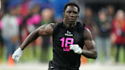 Western Michigan defensive back Bilhal Kone participates in drills during the 2025 NFL Combine.