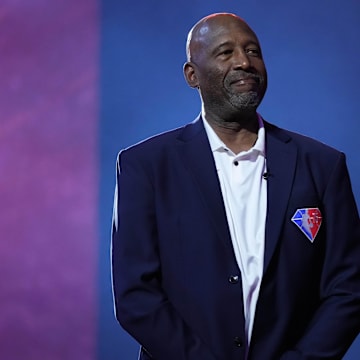 Feb 18, 2022; Cleveland, Ohio, USA; Team Worthy head coach James Worthy is introduced during the 2022 NBA Rising Stars Challenge at Rocket Mortgage Fieldhouse. Mandatory Credit: Kyle Terada-Imagn Images