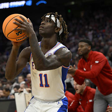 Mar 29, 2025; San Francisco, CA, USA; Florida Gators guard Denzel Aberdeen (11) shoots a three point basket during the first half against the Texas Tech Red Raiders during the West Regional final of the 2025 NCAA tournament at Chase Center. Mandatory Credit: Eakin Howard-Imagn Images
