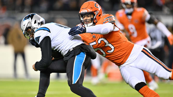 T. J. Edwards steps up and brings down Bryce Young on a scramble in last season's 16-13 Bears win over the Panthers.