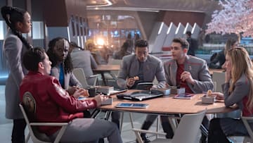 L-R: Kerrice Brooks, Romeo Carere, Karim Diané, Sandro Rosta, George Hawkins and Bella Shepard in season 1 , episode 5 of Star Trek: Starfleet Academy streaming on Paramount+. Photo Credit: Brooke Palmer/Paramount+