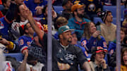 Dec 11, 2024; Buffalo, New York, USA;  Buffalo Bills player Dion Dawkins cheers on the Buffalo Sabres against the New York Rangers during the second period at KeyBank Center. Mandatory Credit: Timothy T. Ludwig-Imagn Images