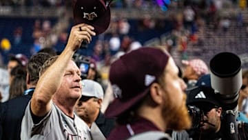 Jun 17, 2024; Omaha, NE, USA; Texas A&M Aggies head coach Jim Schlossnagle after defeating the Kentucky Wildcats at Charles Schwab Field Omaha. Mandatory Credit: Dylan Widger-USA TODAY Sports