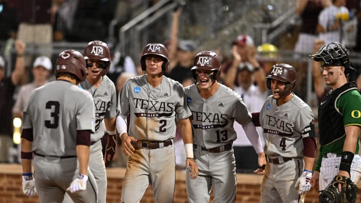 Jun 9, 2024; College Station, TX, USA; Texas A&M infielder Kaeden Kent (3) hits a grand slam in the top of the seventh inning against Oregon at Olsen Field, Blue Bell Park Mandatory Credit: Maria Lysaker-USA TODAY Sports