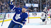 Apr 5, 2025; Toronto, Ontario, CAN; Toronto Maple Leafs left wing Nicholas Robertson (89) celebrates scoring a goal against the Columbus Blue Jackets during the first period at Scotiabank Arena. Mandatory Credit: Nick Turchiaro-Imagn Images