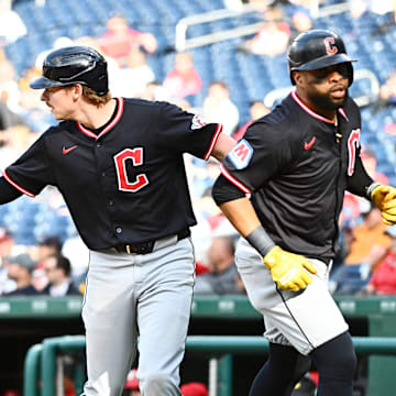 May 6, 2025; Washington, District of Columbia, USA;  Cleveland Guardians designated hitter Kyle Manzardo (9) celebrates scoring a run during the seventh inning against the Washington Nationals  at Nationals Park. Mandatory Credit: James A. Pittman-Imagn Images