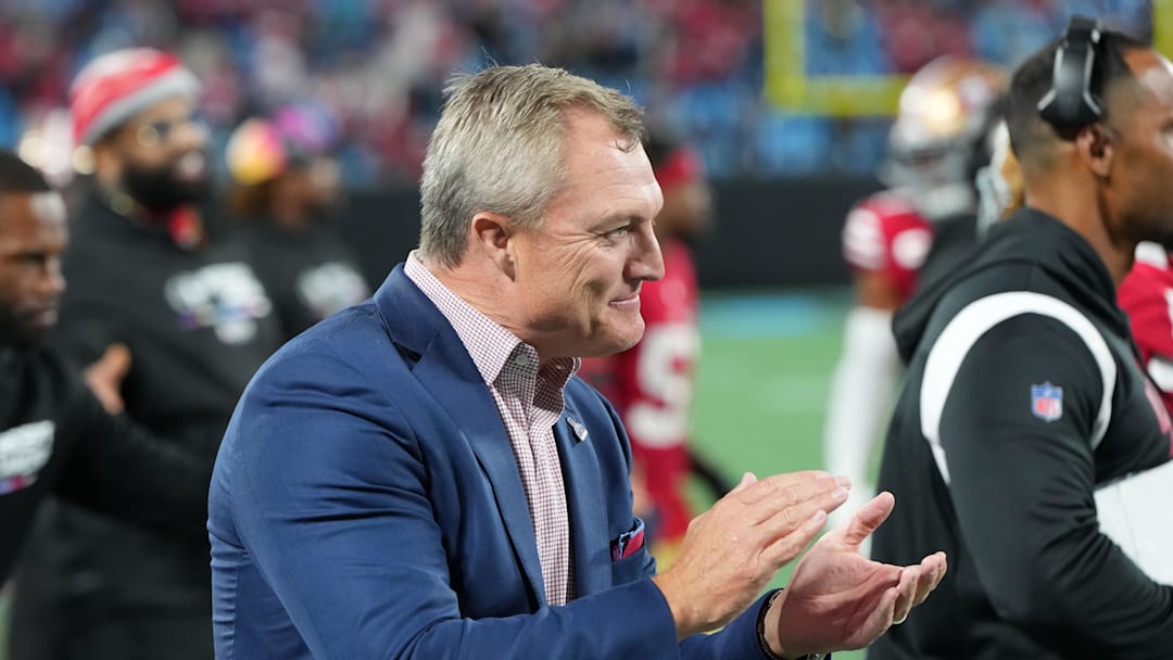 Oct 9, 2022; Charlotte, North Carolina, USA; San Francisco 49ers general manager John Lynch on the sidelines in the fourth quarter at Bank of America Stadium. Mandatory Credit: Bob Donnan-Imagn Images