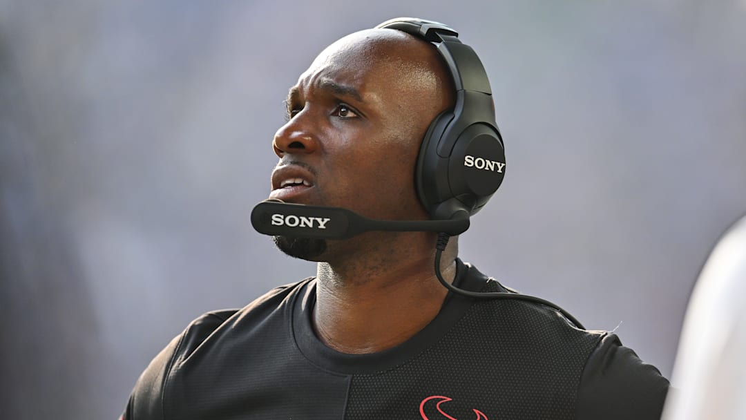 Aug 9, 2025; Minneapolis, Minnesota, USA; Houston Texans head coach Demeco Ryans looks on during the fourth quarter against the Minnesota Vikings at U.S. Bank Stadium. Mandatory Credit: Jeffrey Becker-Imagn Images