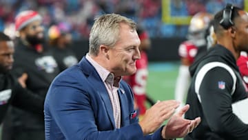 Oct 9, 2022; Charlotte, North Carolina, USA; San Francisco 49ers general manager John Lynch on the sidelines in the fourth quarter at Bank of America Stadium. Mandatory Credit: Bob Donnan-Imagn Images