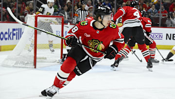Jan 18, 2025; Chicago, Illinois, USA;  Chicago Blackhawks center Connor Bedard (98) skates against the Vegas Golden Knights during the first period at United Center. Mandatory Credit: Matt Marton-Imagn Images