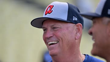 Apr 1, 2025; Los Angeles, California, USA;  Atlanta Braves manager Brian Snitker (43) looks on prior to the game against the Los Angeles Dodgers at Dodger Stadium. Mandatory Credit: Jayne Kamin-Oncea-Imagn Images