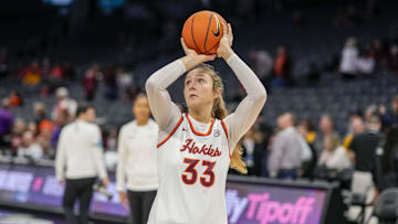 Nov 9, 2023; Charlotte, North Carolina, USA; Virginia Tech Hokies center Elizabeth Kitley (33) during the warm ups against the Iowa Hawkeyes at Spectrum Center. Mandatory Credit: Jim Dedmon-Imagn Images