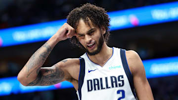 Oct 10, 2024; Dallas, Texas, USA; Dallas Mavericks center Dereck Lively II (2) reacts during the second half against the Utah Jazz at American Airlines Center. Mandatory Credit: Kevin Jairaj-Imagn Images