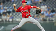 Sep 4, 2025; Kansas City, Missouri, USA; Los Angeles Angels starting pitcher Kyle Hendricks (28) pitches during the first inning against the Kansas City Royals at Kauffman Stadium. Mandatory Credit: Jay Biggerstaff-Imagn Images