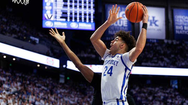 Feb 28, 2026; Lexington, Kentucky, USA; Kentucky Wildcats center Malachi Moreno (24) goes to the basket during the second half against the Vanderbilt Commodores at Rupp Arena at Central Bank Center. Mandatory Credit: Jordan Prather-Imagn Images
