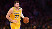 Los Angeles Lakers guard Luka Doncic moves the ball against the Houston Rockets during the first half at Crypto.com Arena. 