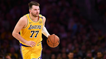 Los Angeles Lakers guard Luka Doncic moves the ball against the Houston Rockets during the first half at Crypto.com Arena. 