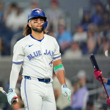 Toronto Blue Jays shortstop Bo Bichette (11) reacts to striking out against the New York Yankees at Rogers Centre on June 29.