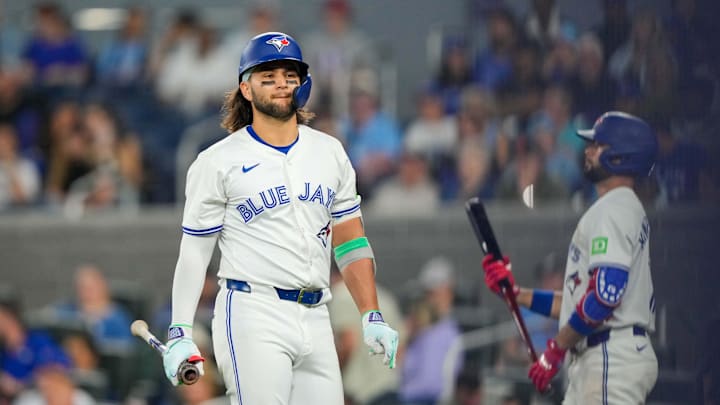 Toronto Blue Jays shortstop Bo Bichette (11) reacts to striking out against the New York Yankees at Rogers Centre on June 29.