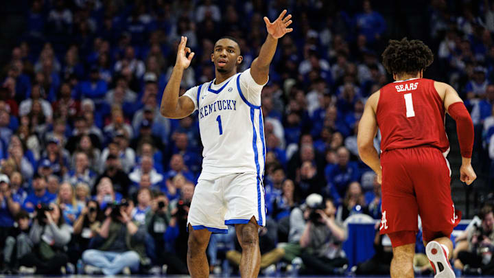 Jan 18, 2025; Lexington, Kentucky, USA; Kentucky Wildcats guard Lamont Butler (1) celebrates after making a three point basket during the second half against the Alabama Crimson Tide at Rupp Arena at Central Bank Center. Mandatory Credit: Jordan Prather-Imagn Images