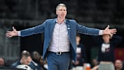 Mar 11, 2025; Indianapolis, IN, USA; Robert Morris Colonials head coach Andrew Toole during the second half against the Youngstown State Penguins at Corteva Coliseum. Mandatory Credit: Robert Goddin-Imagn Images